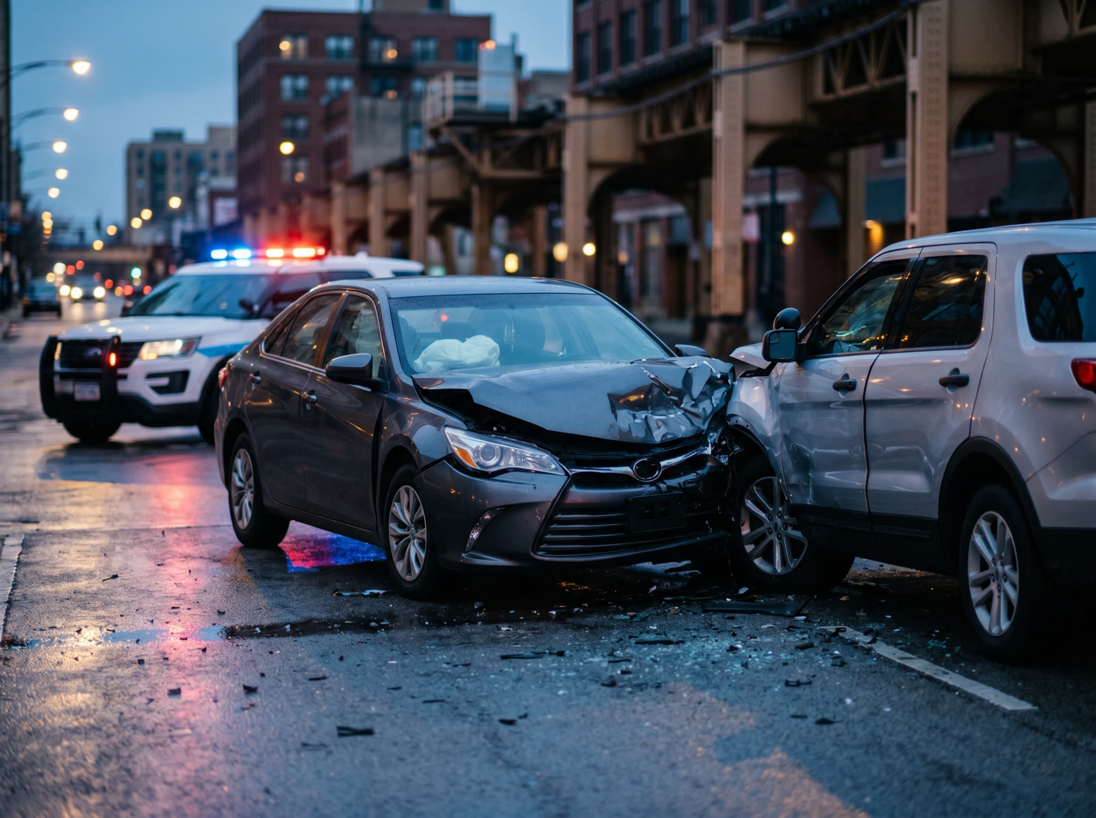 Choque de autos en una calle de Chicago al atardecer