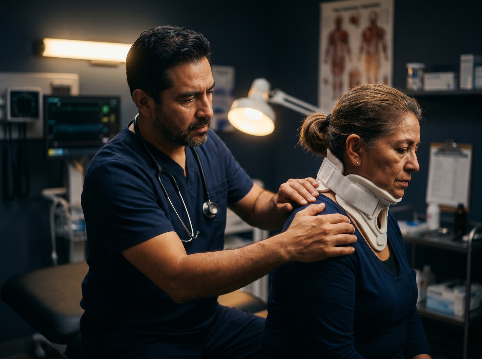 Doctor examinando a una paciente con lesión en el cuello